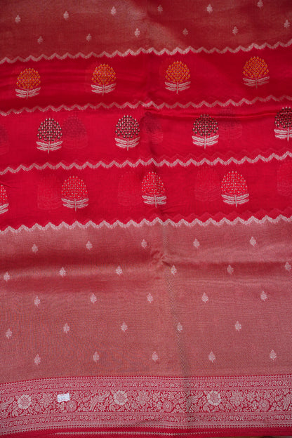 Mellow Tissue & Banarasi Fusion Saree with Meenakari Detailing – Crimson Red