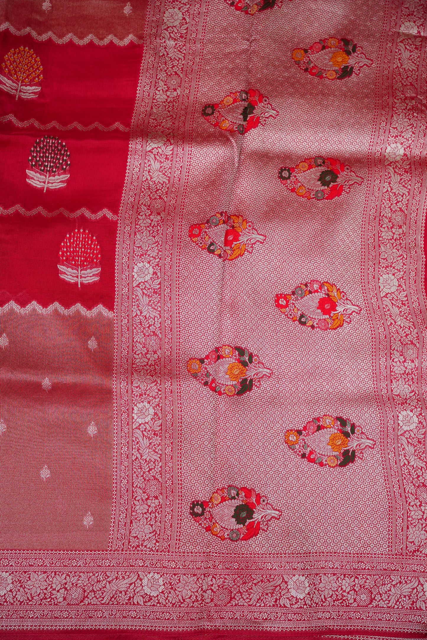 Mellow Tissue & Banarasi Fusion Saree with Meenakari Detailing – Crimson Red