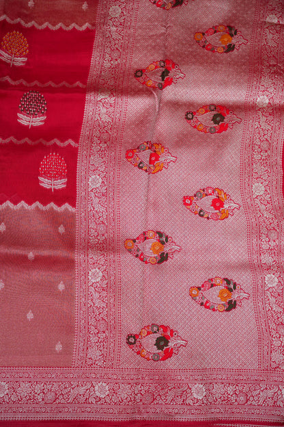 Mellow Tissue & Banarasi Fusion Saree with Meenakari Detailing – Crimson Red