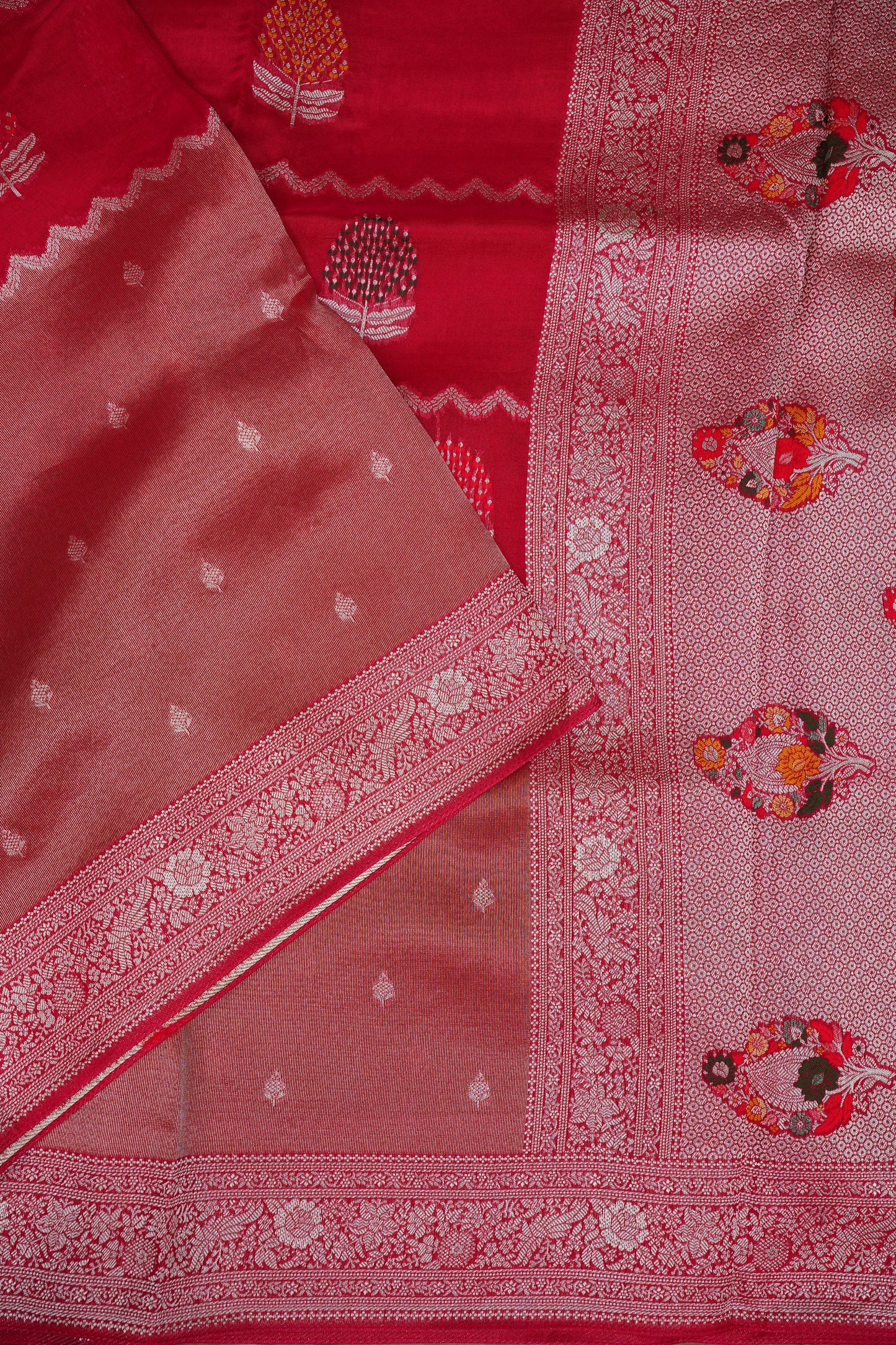 Mellow Tissue & Banarasi Fusion Saree with Meenakari Detailing – Crimson Red