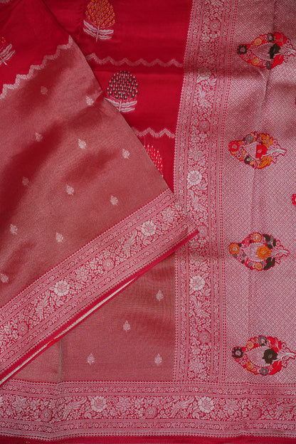 Mellow Tissue & Banarasi Fusion Saree with Meenakari Detailing – Crimson Red