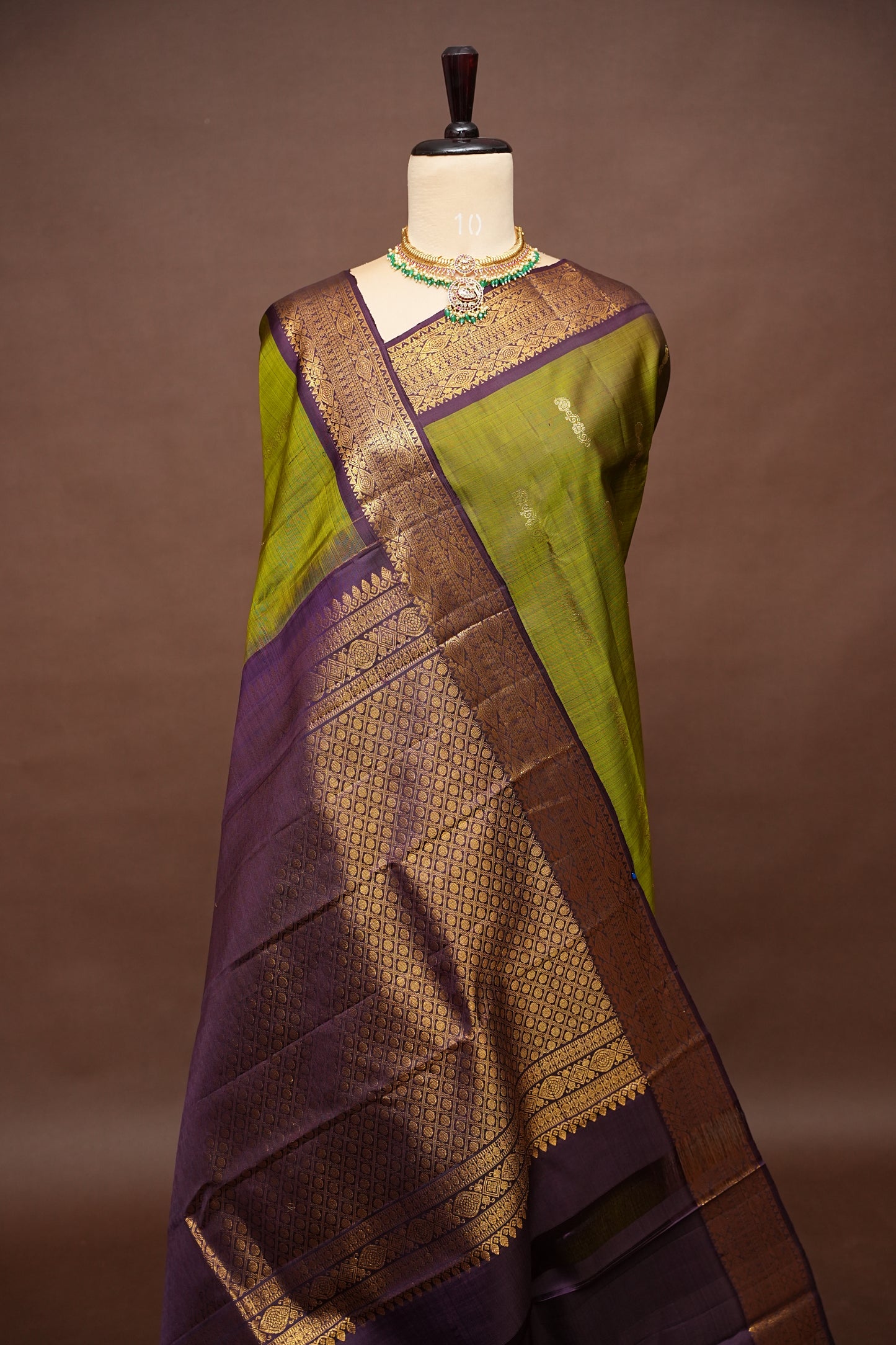 Olive Green & Coffee Pure Kanchipuram Silk Saree|Silk Mark Certified