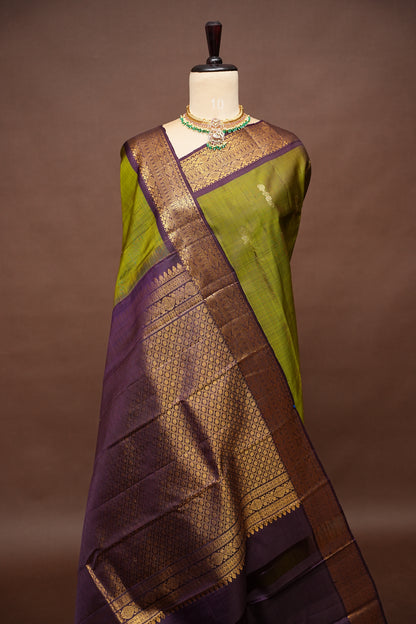 Olive Green & Coffee Pure Kanchipuram Silk Saree|Silk Mark Certified