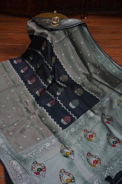 Mellow Tissue & Banarasi Fusion Saree with Meenakari Detailing – Blue