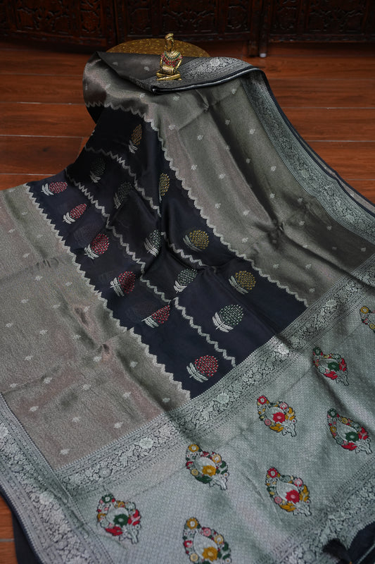 Mellow Tissue & Banarasi Fusion Saree with Meenakari Detailing – Blue
