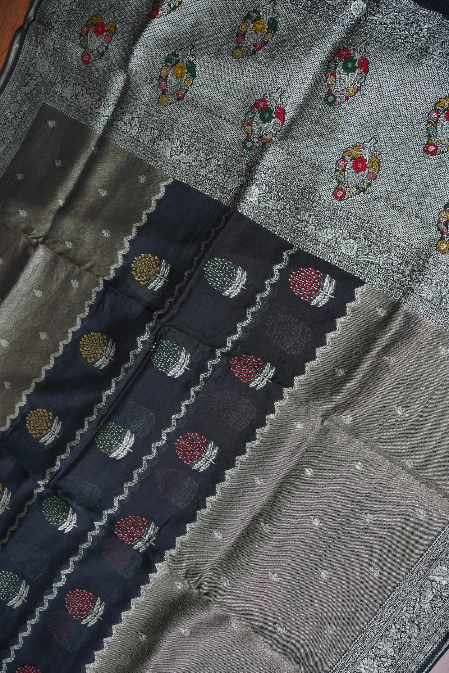 Mellow Tissue & Banarasi Fusion Saree with Meenakari Detailing – Blue