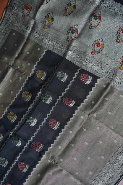 Mellow Tissue & Banarasi Fusion Saree with Meenakari Detailing – Blue