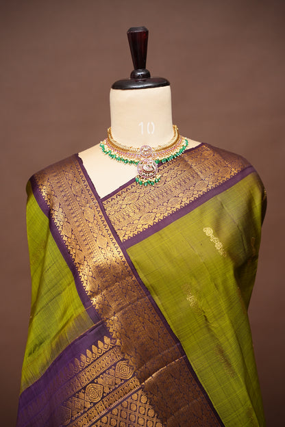 Olive Green & Coffee Pure Kanchipuram Silk Saree|Silk Mark Certified