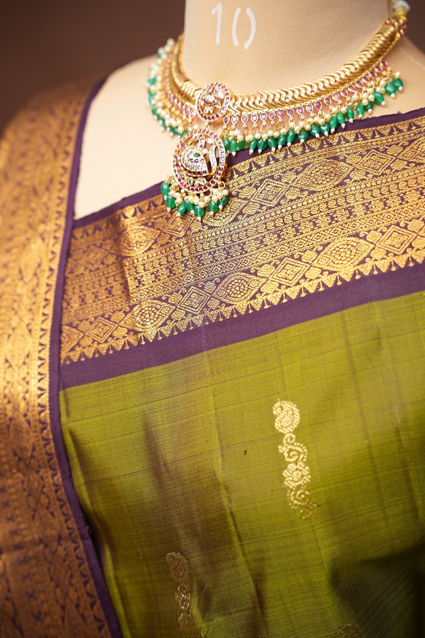 Olive Green & Coffee Pure Kanchipuram Silk Saree|Silk Mark Certified