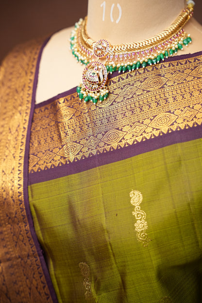 Olive Green & Coffee Pure Kanchipuram Silk Saree|Silk Mark Certified