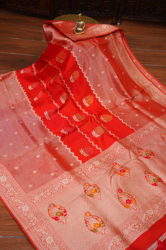 Mellow Tissue & Banarasi Fusion Saree with Meenakari Detailing – Vermilion Red