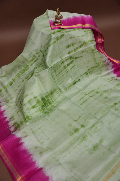 Silk Kota Shibori Tie & Dye Saree - Leaf Green & Pink