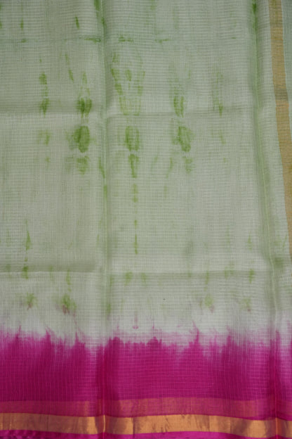 Silk Kota Shibori Tie & Dye Saree - Leaf Green & Pink