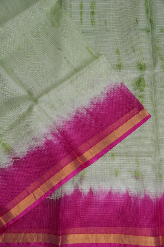 Silk Kota Shibori Tie & Dye Saree - Leaf Green & Pink