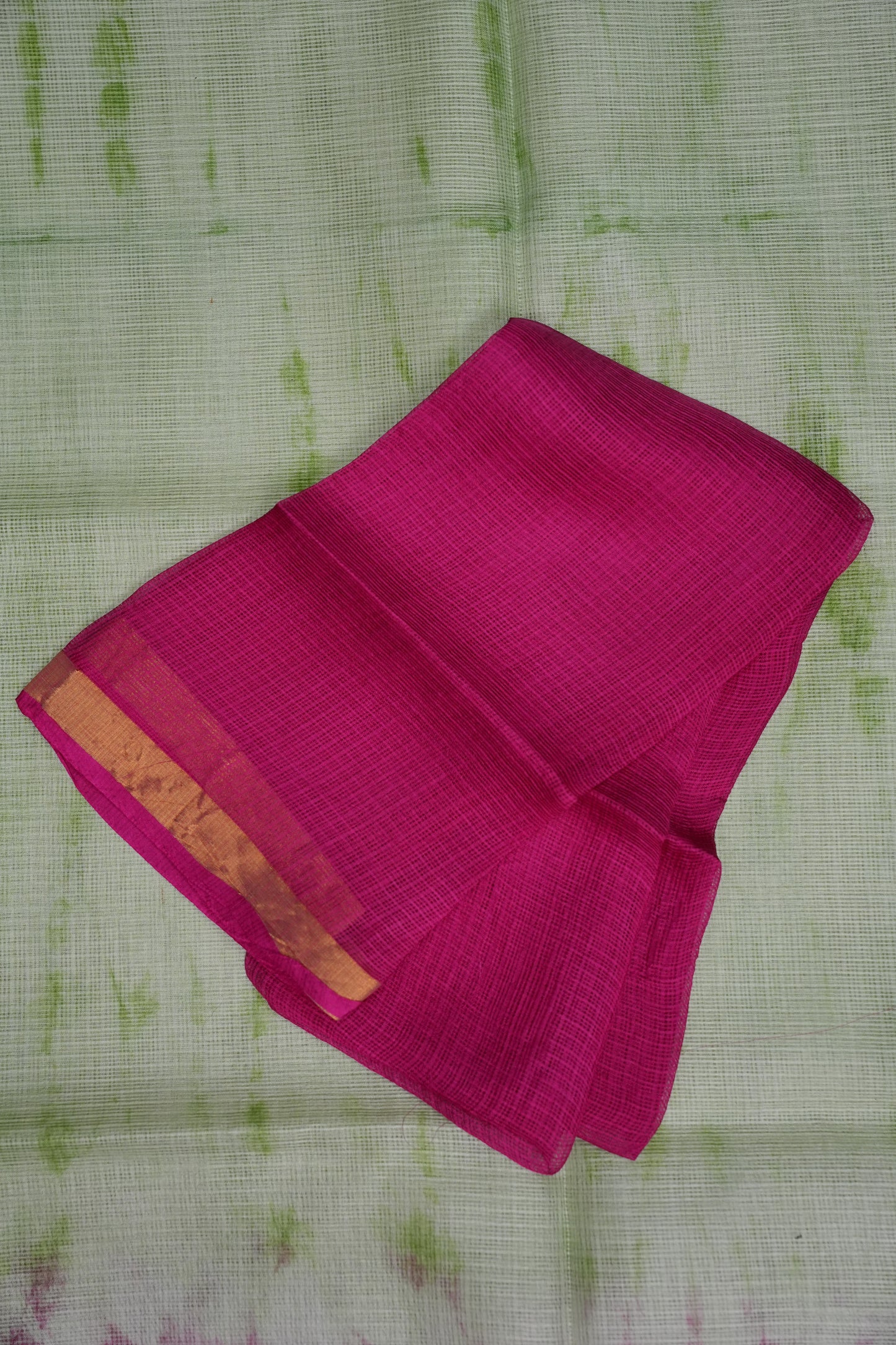 Silk Kota Shibori Tie & Dye Saree - Leaf Green & Pink