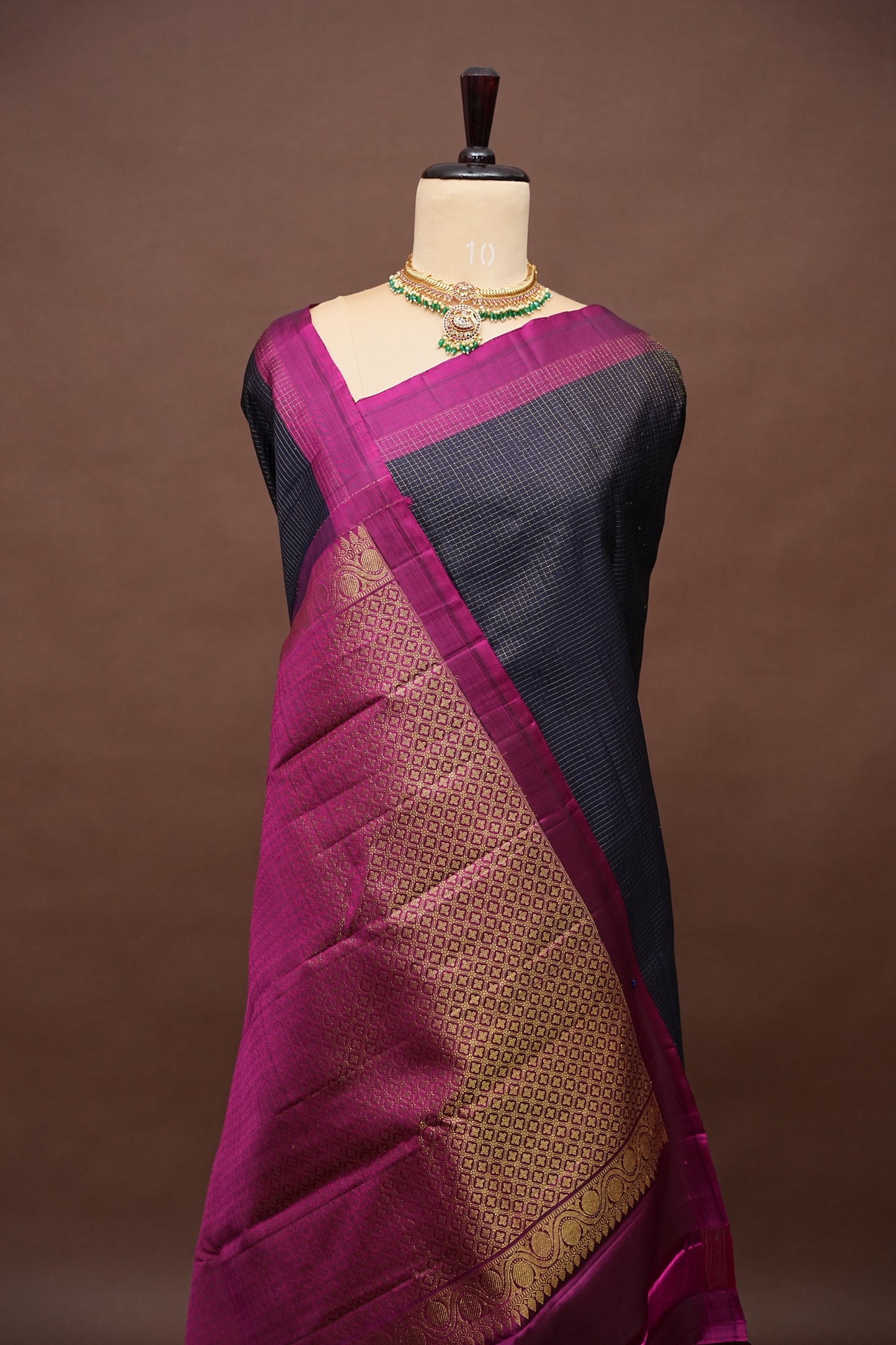Deep Navy Blue & Purple Border Pure Kanchipuram Brocade Silk Saree|Silk Mark Certified
