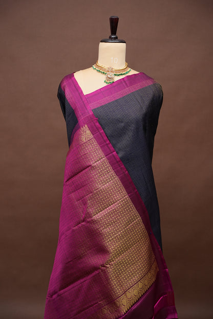 Deep Navy Blue & Purple Border Pure Kanchipuram Brocade Silk Saree|Silk Mark Certified