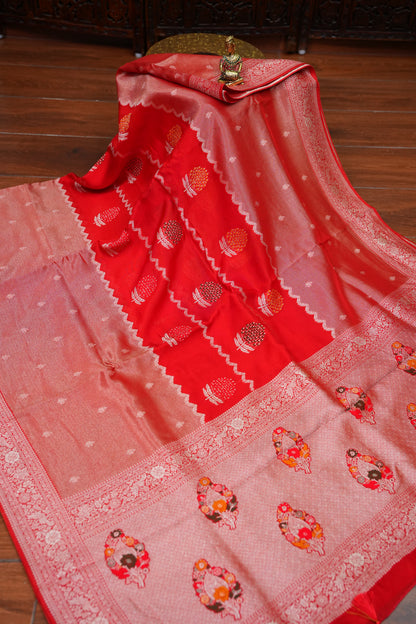 Mellow Tissue & Banarasi Fusion Saree with Meenakari Detailing – Red