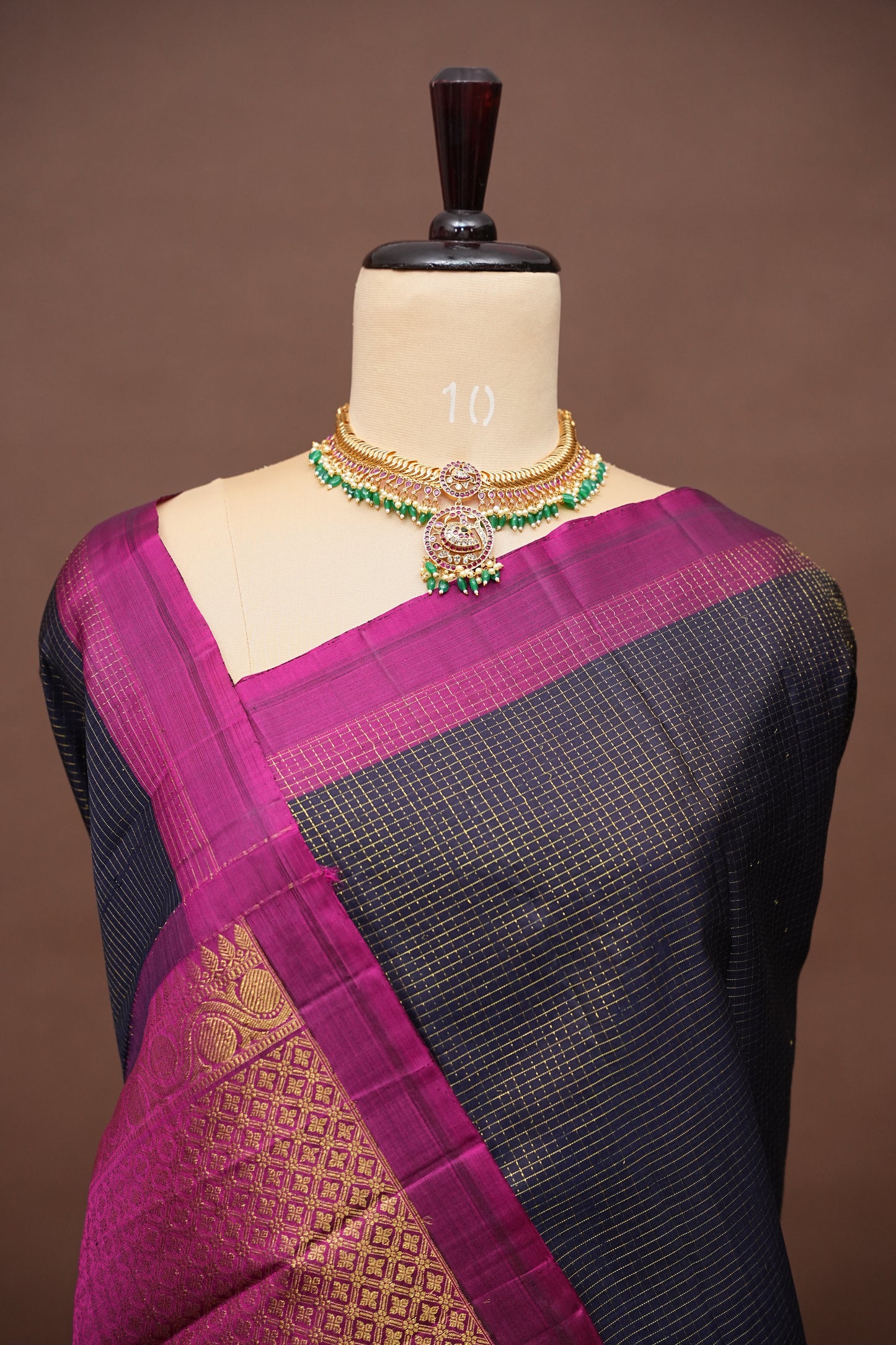 Deep Navy Blue & Purple Border Pure Kanchipuram Brocade Silk Saree|Silk Mark Certified