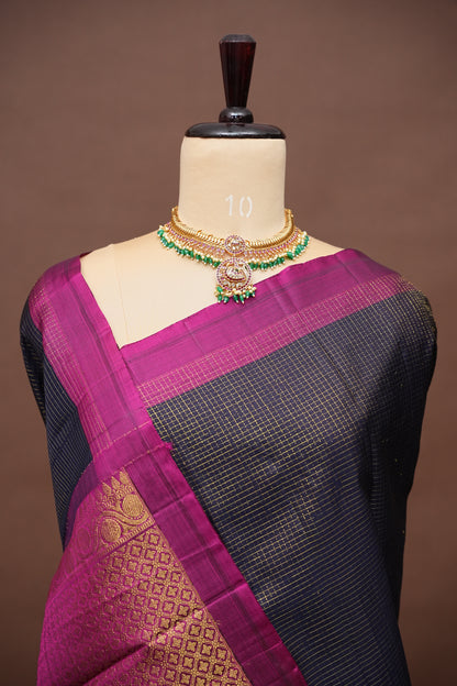 Deep Navy Blue & Purple Border Pure Kanchipuram Brocade Silk Saree|Silk Mark Certified