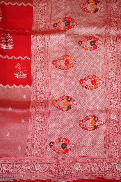 Mellow Tissue & Banarasi Fusion Saree with Meenakari Detailing – Red