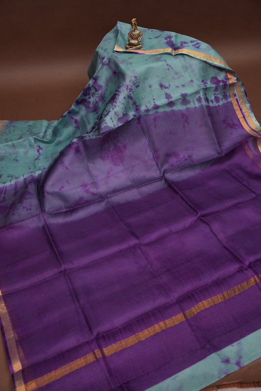 Silk Kota Shibori Tie & Dye Saree - Blue & Aubergine Purple