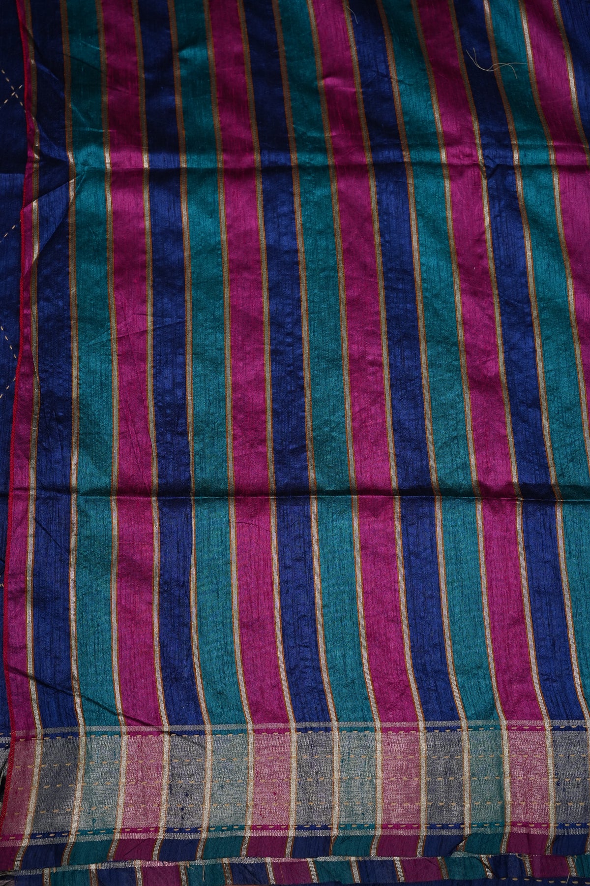 Raw Silk Saree with Katha Stitch – Royal Blue