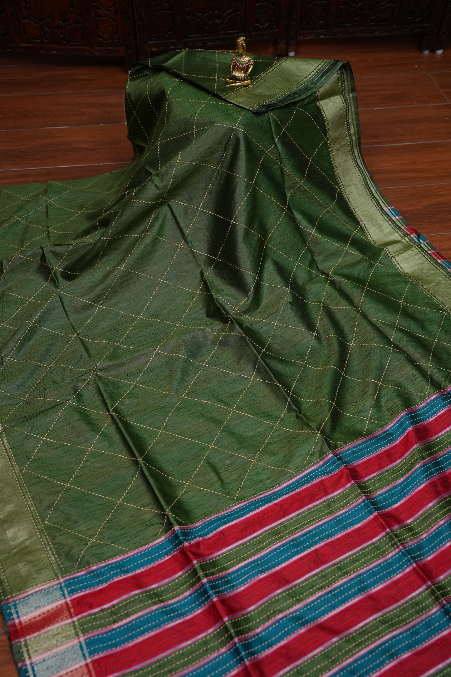 Raw Silk Saree with Katha Stitch - Green