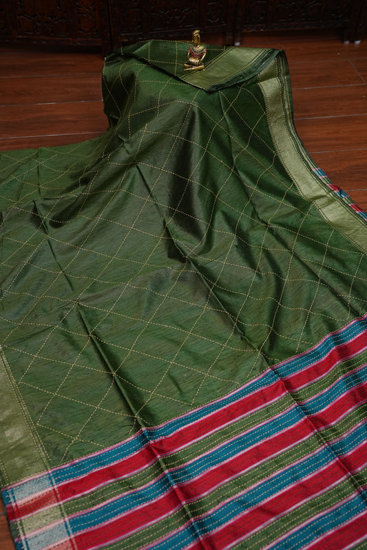 Raw Silk Saree with Katha Stitch - Green