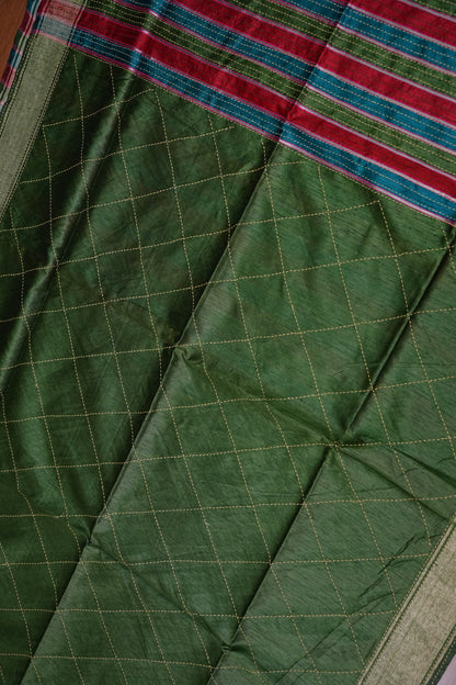 Raw Silk Saree with Katha Stitch - Green