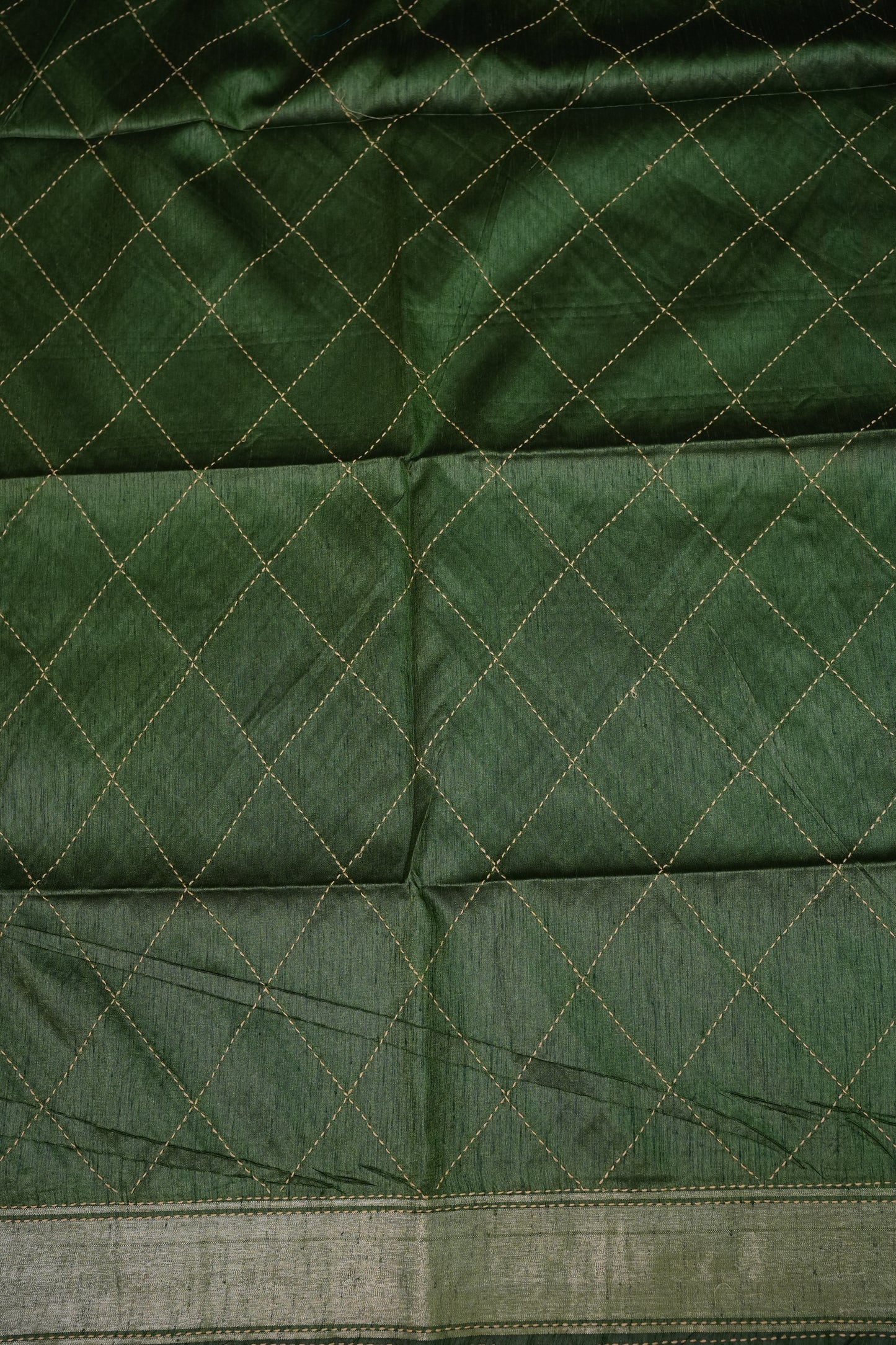 Raw Silk Saree with Katha Stitch - Green