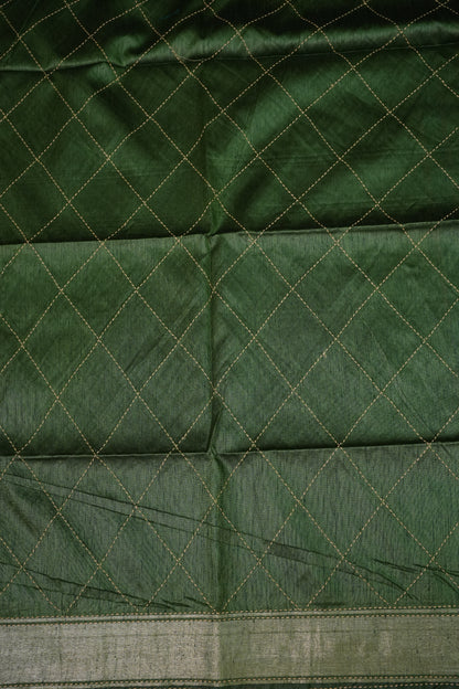 Raw Silk Saree with Katha Stitch - Green