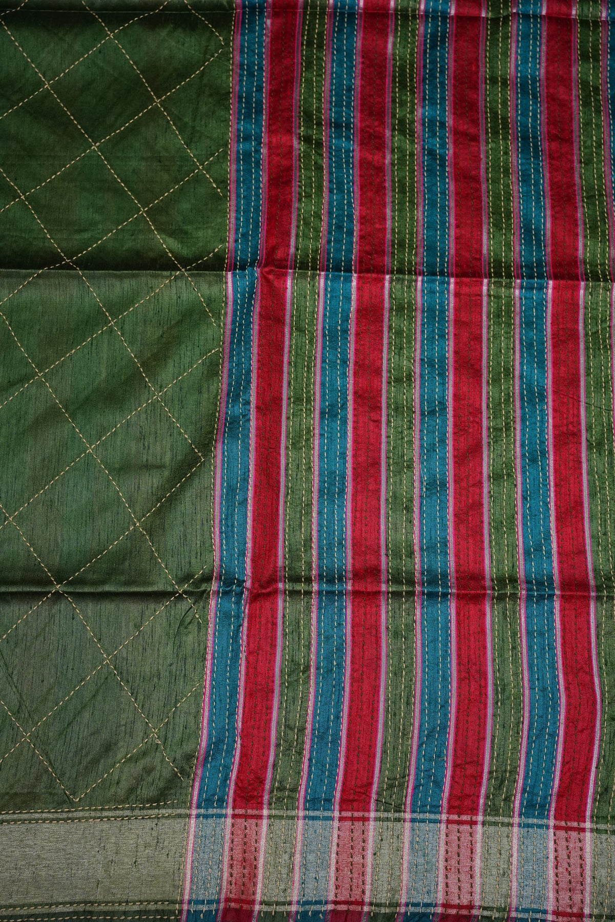 Raw Silk Saree with Katha Stitch - Green