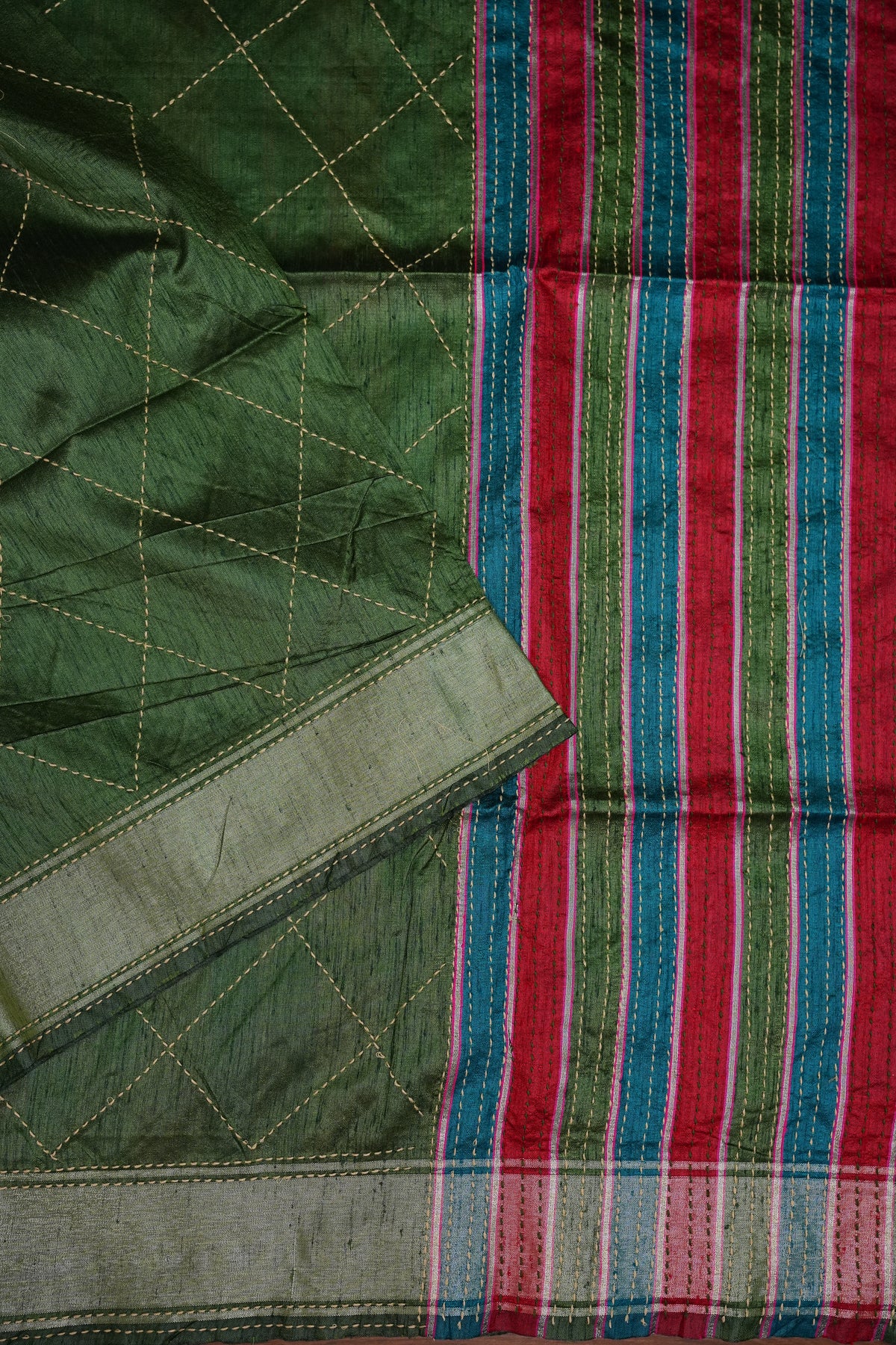 Raw Silk Saree with Katha Stitch - Green