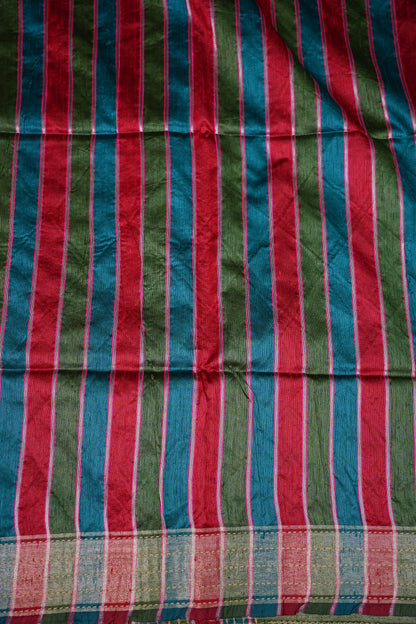 Raw Silk Saree with Katha Stitch - Green