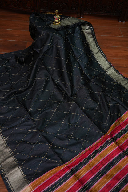 Raw Silk Saree with Katha Stitch – Black