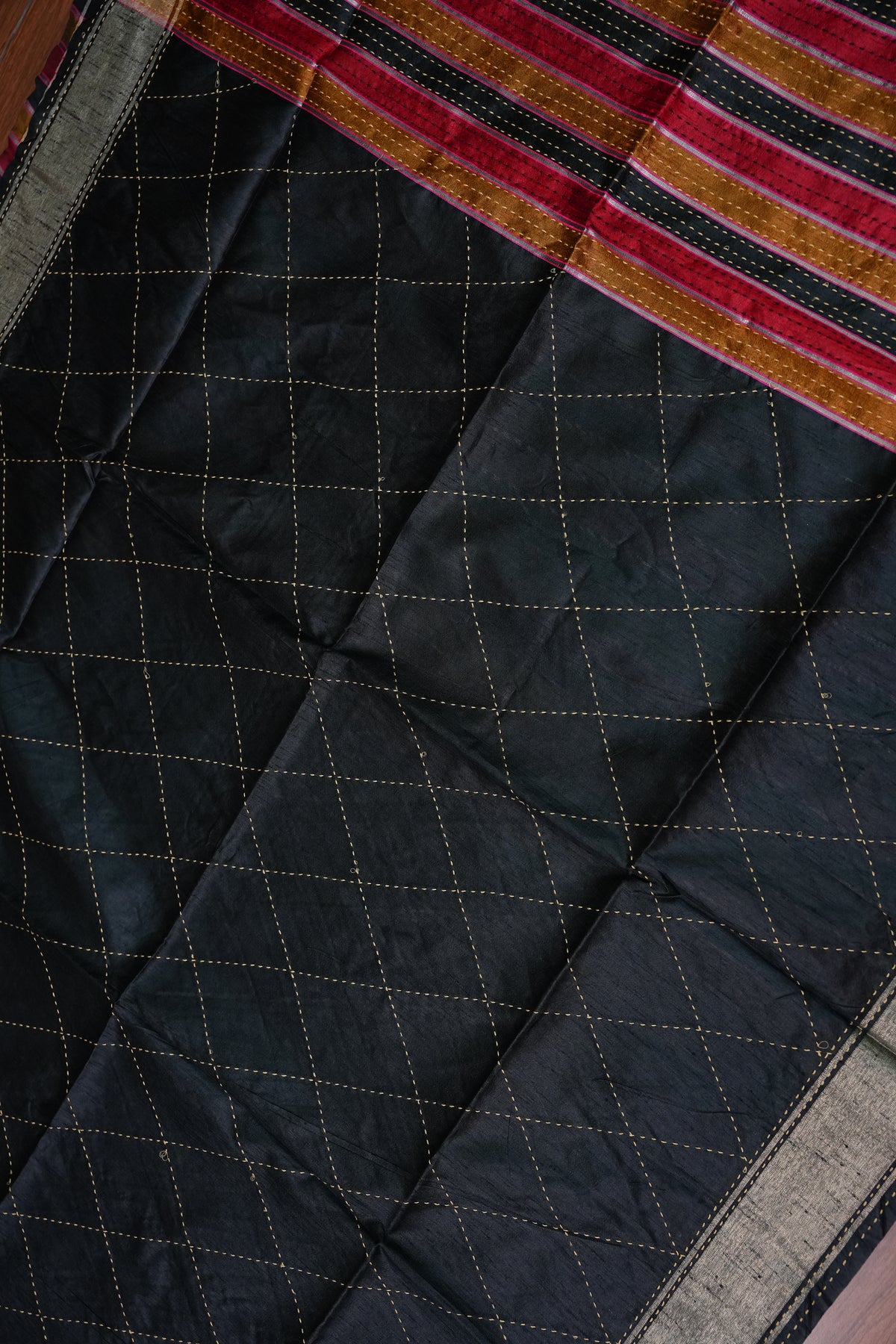 Raw Silk Saree with Katha Stitch – Black