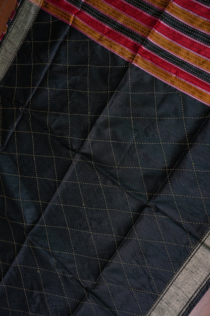 Raw Silk Saree with Katha Stitch – Black