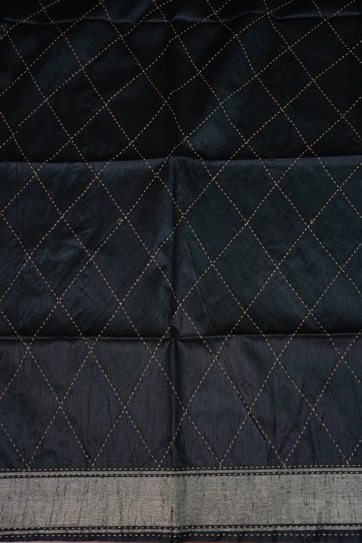 Raw Silk Saree with Katha Stitch – Black