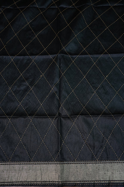 Raw Silk Saree with Katha Stitch – Black