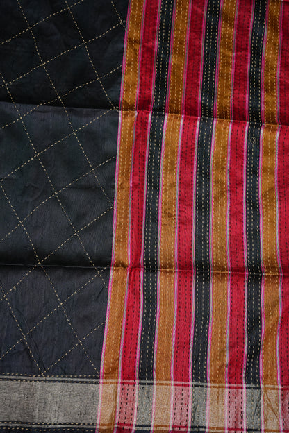 Raw Silk Saree with Katha Stitch – Black