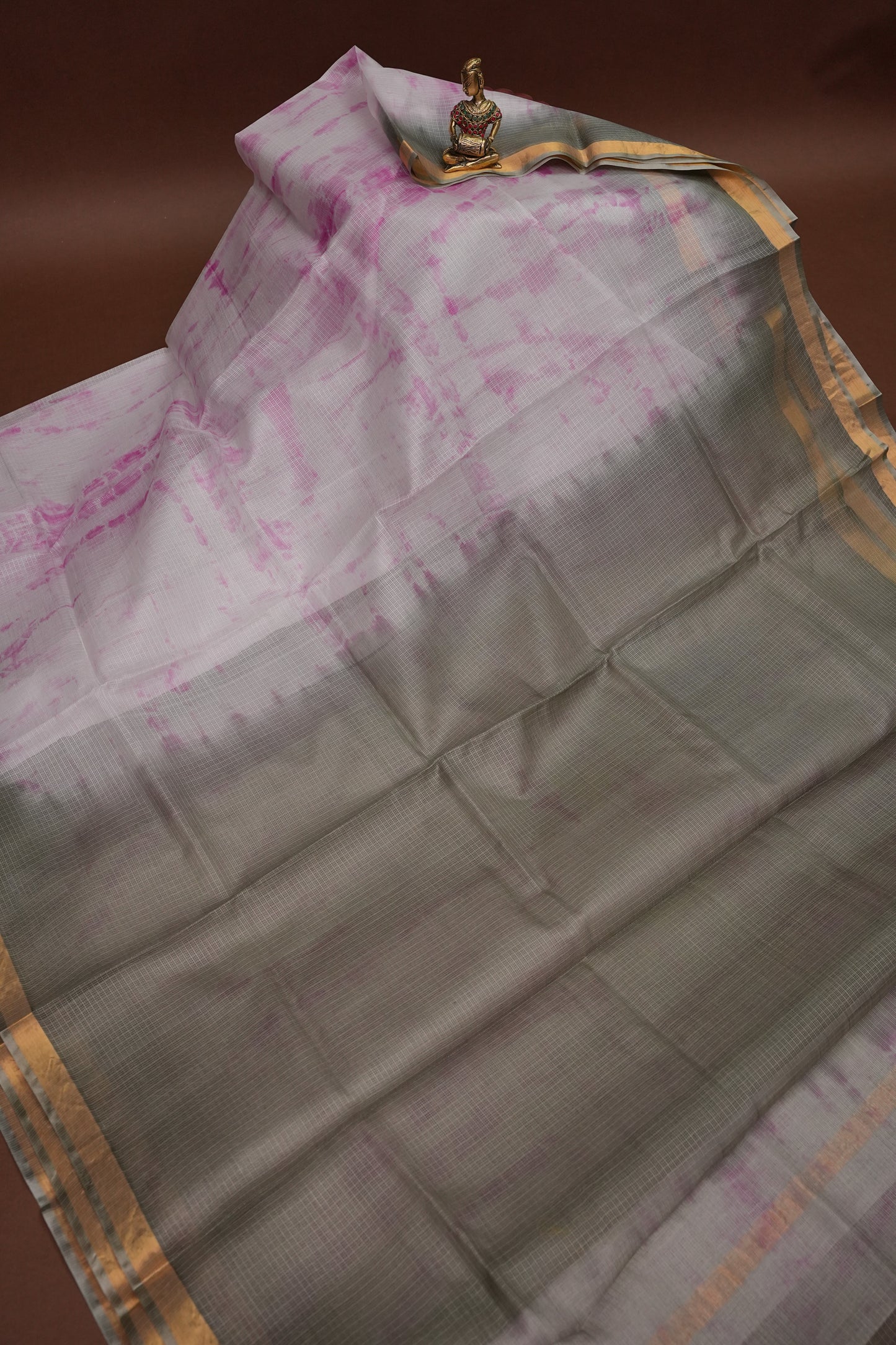Silk Kota Shibori Tie & Dye Saree - Grey with Pink & White