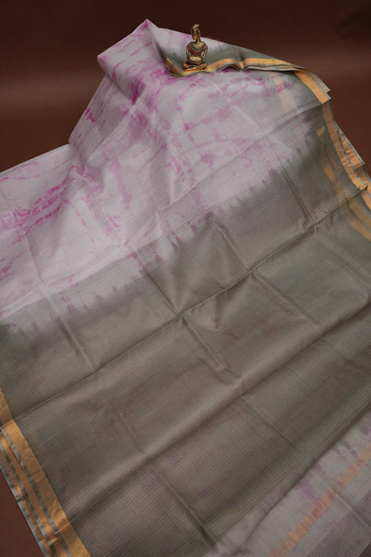 Silk Kota Shibori Tie & Dye Saree - Grey with Pink & White
