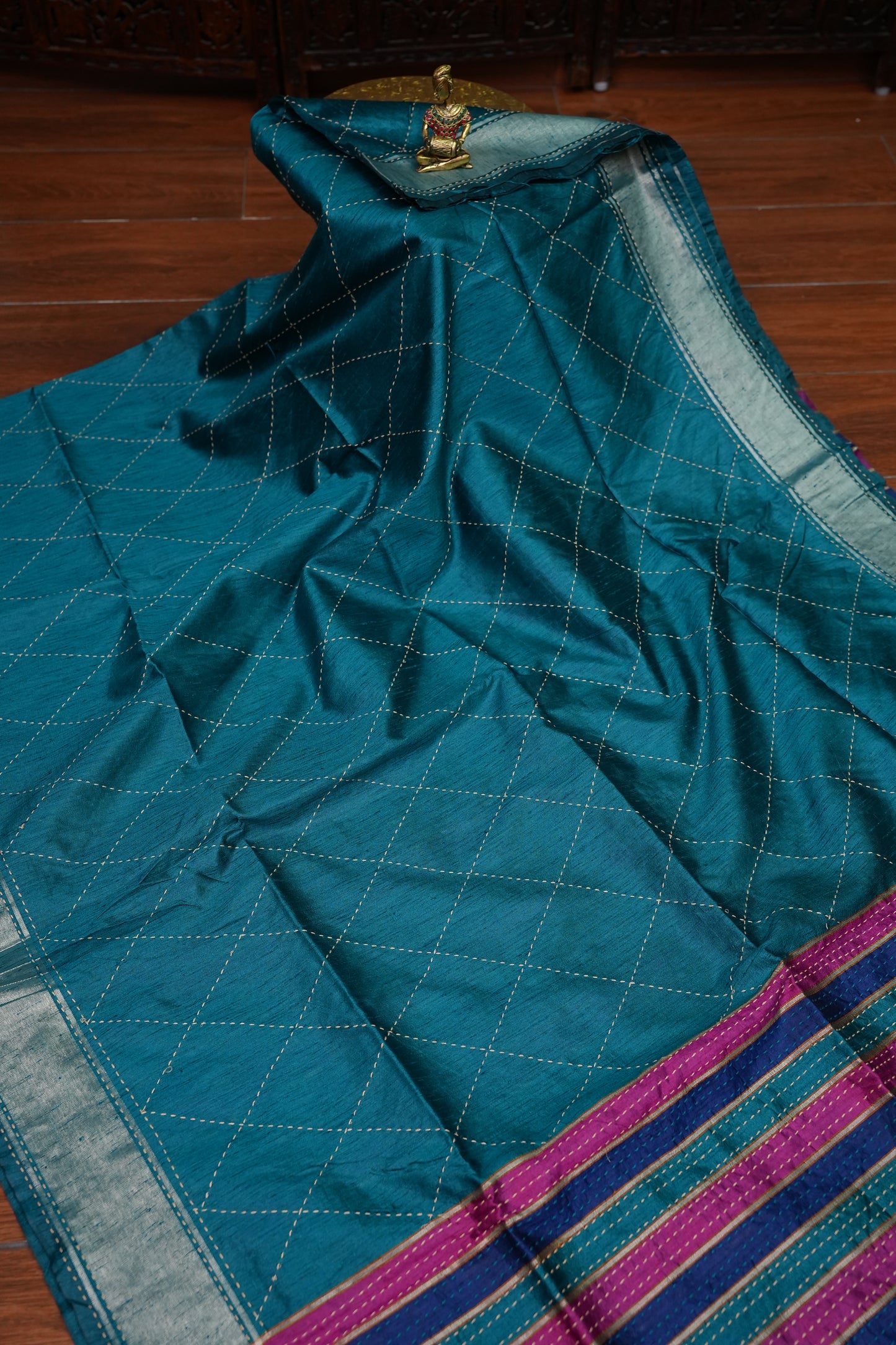 Raw Silk Saree with Katha Stitch – Teal Blue