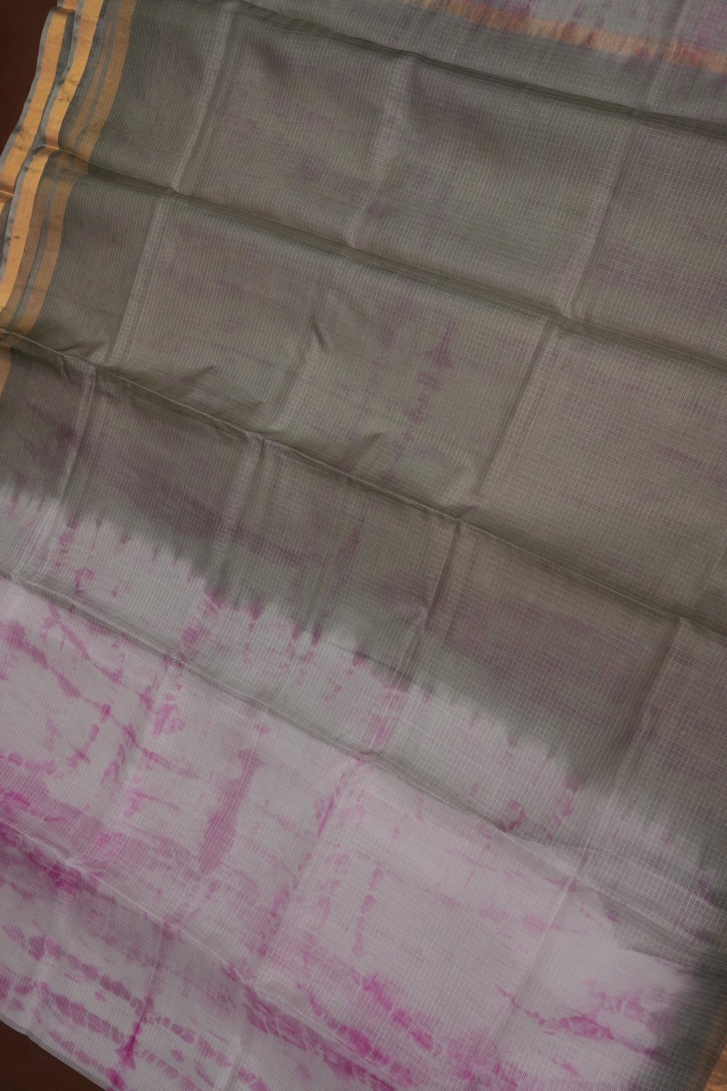 Silk Kota Shibori Tie & Dye Saree - Grey with Pink & White