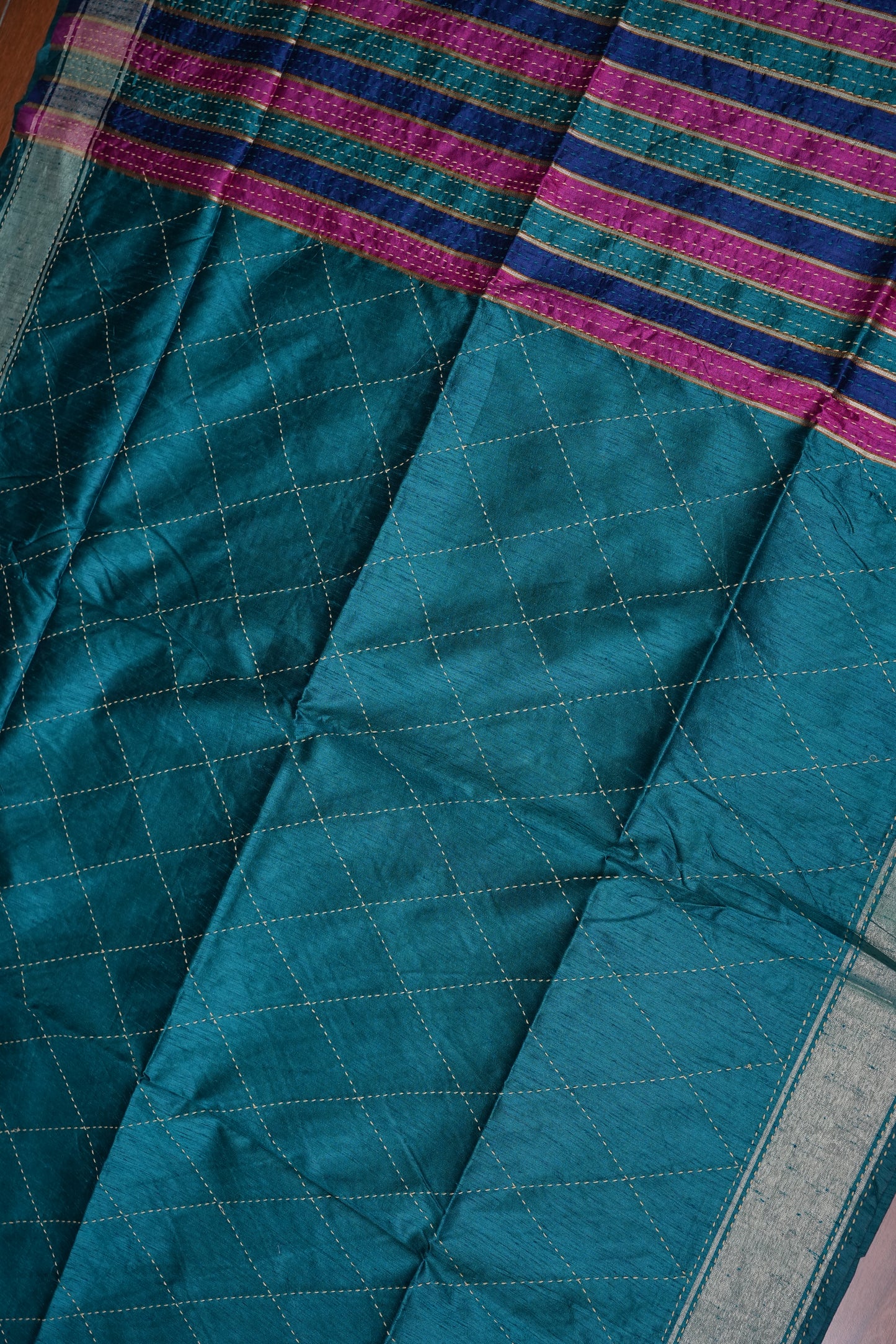 Raw Silk Saree with Katha Stitch – Teal Blue