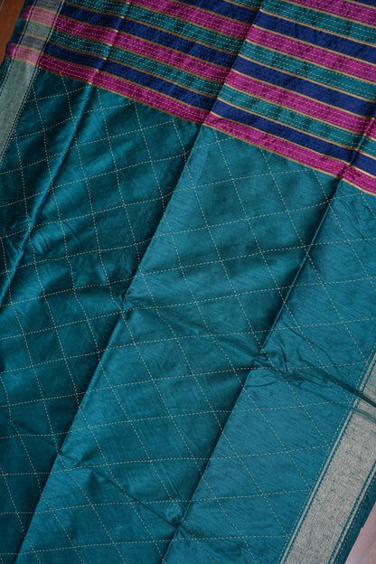 Raw Silk Saree with Katha Stitch – Teal Blue