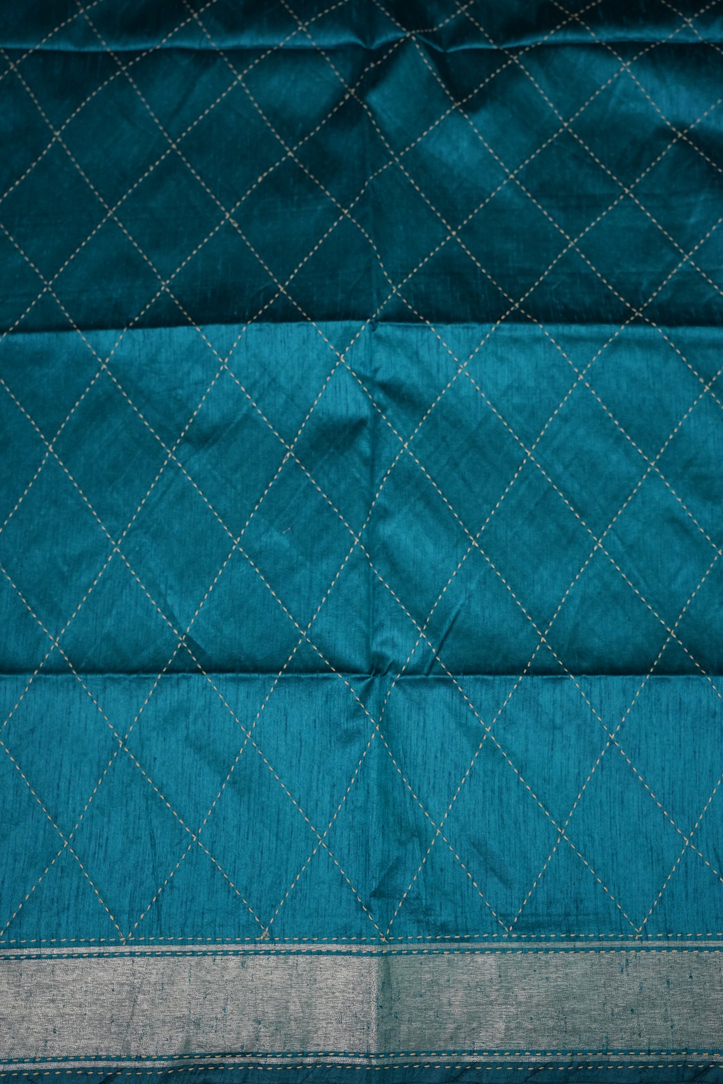 Raw Silk Saree with Katha Stitch – Teal Blue