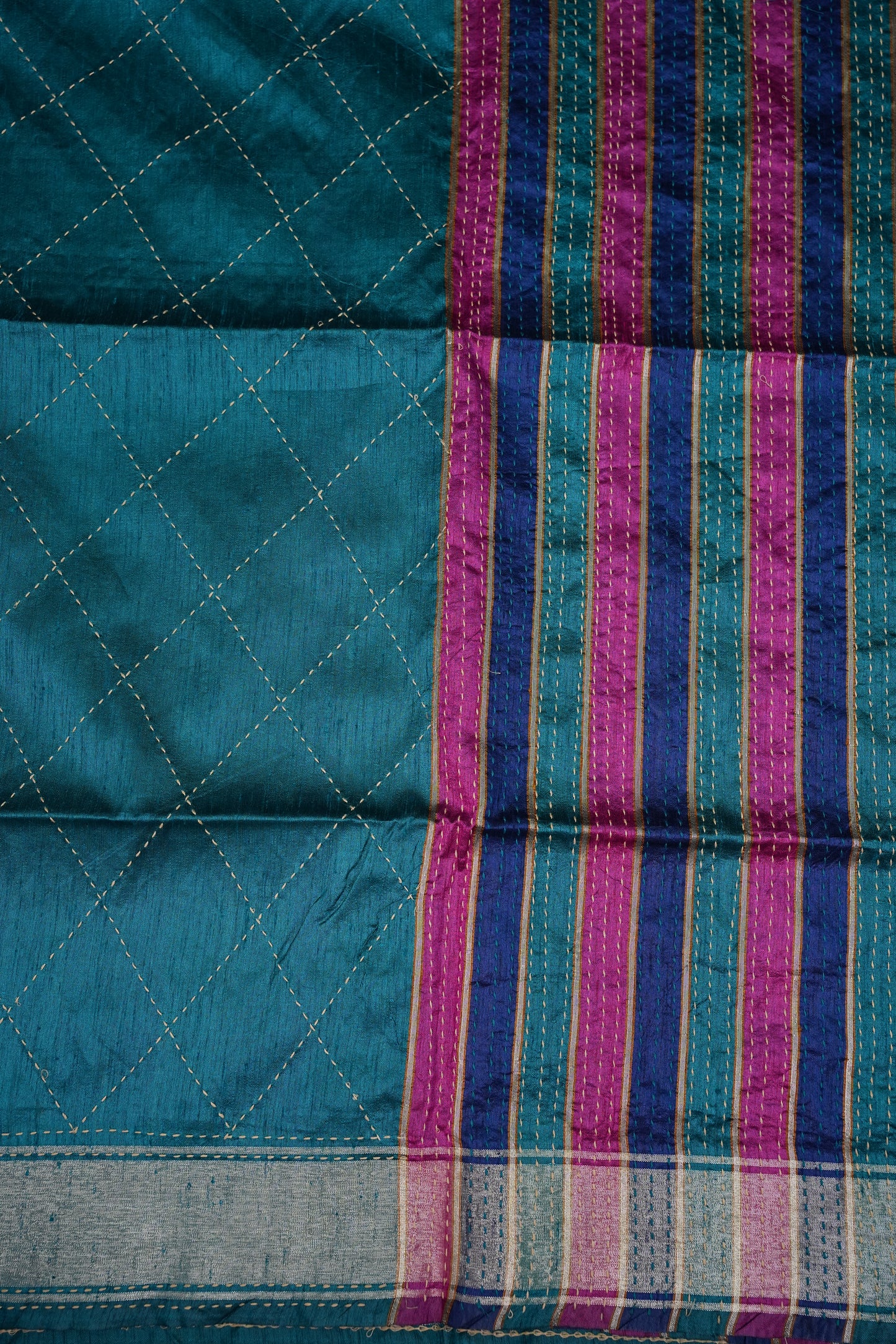 Raw Silk Saree with Katha Stitch – Teal Blue