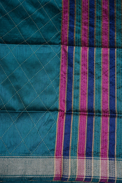 Raw Silk Saree with Katha Stitch – Teal Blue